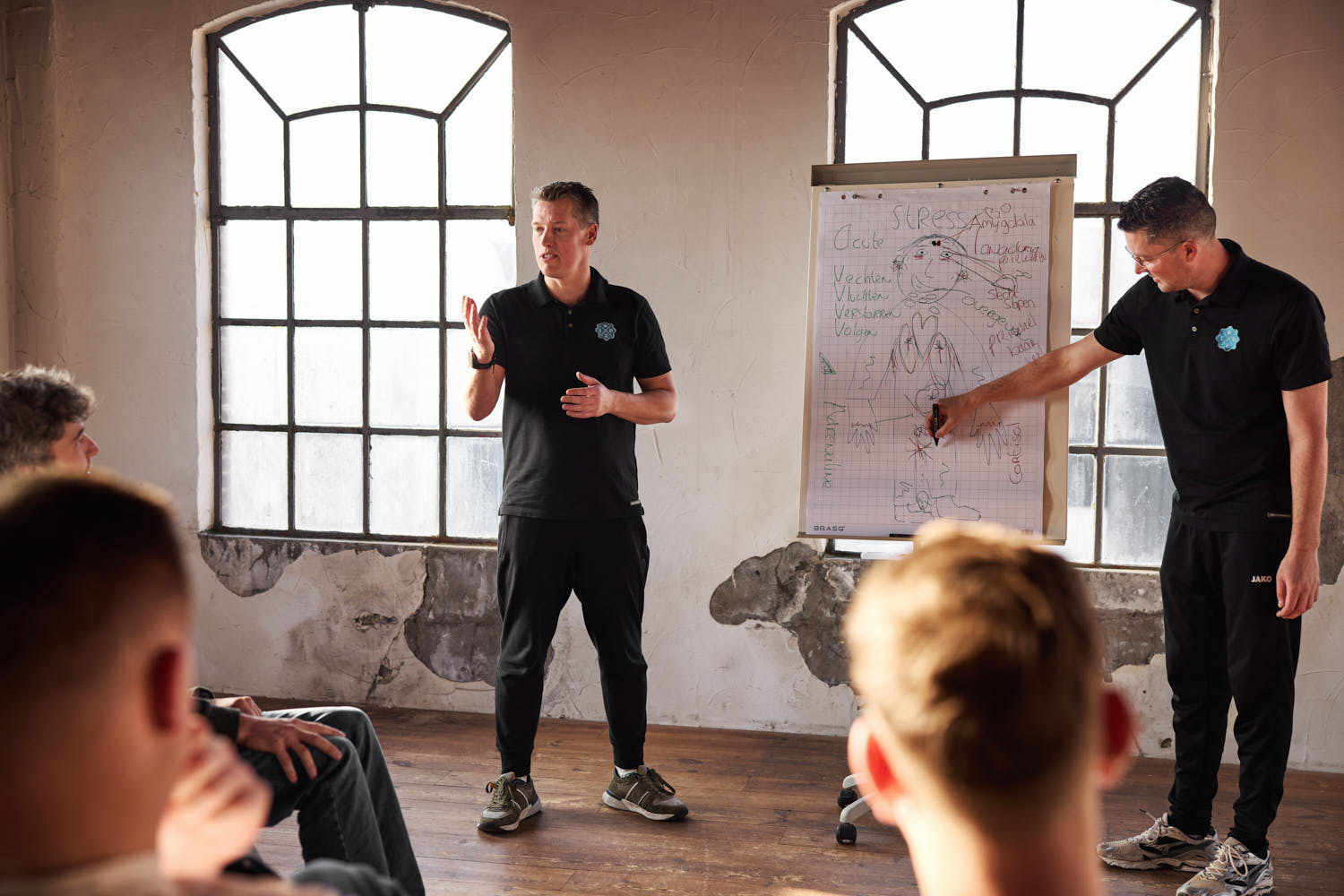 Twee trainers leggen het stressmodel uit op een flip-over